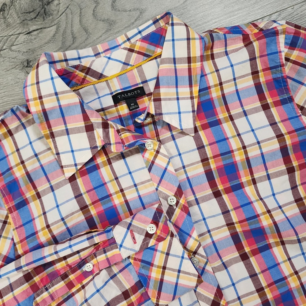 Talbots Plaid Shirt Red Burgundy Yellow Cotton Button Front Long‎ Sleeve Women M